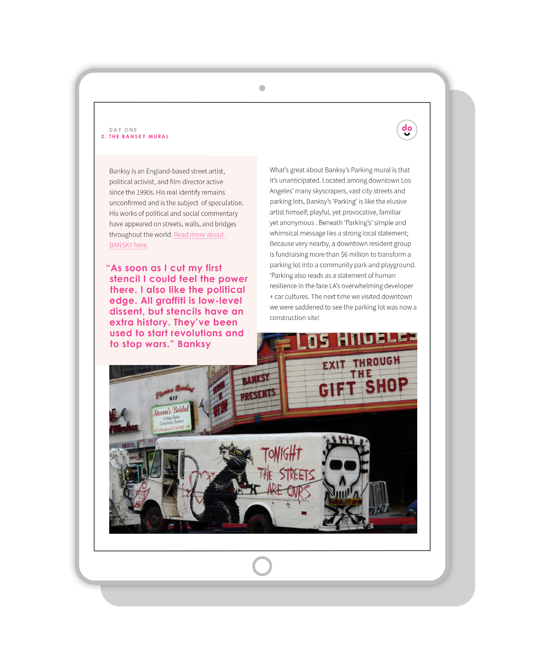 DO Digital Travel Guide: page design and layout featuring Banksy | by www.alicia-carvalho.com