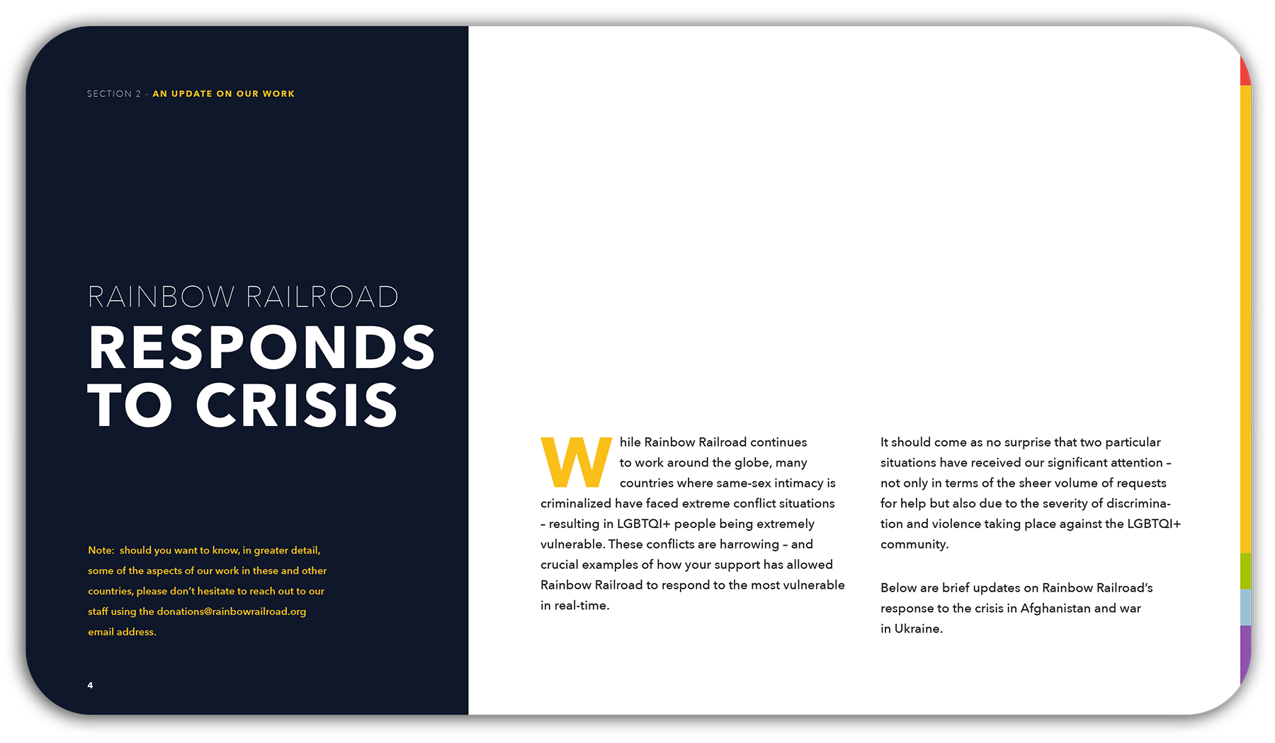  Rainbow Railroad Digital Impact Report, Section Intro Page Design, Rainbow Railroad Responds to Crisis | by www.alicia-carvalho.com